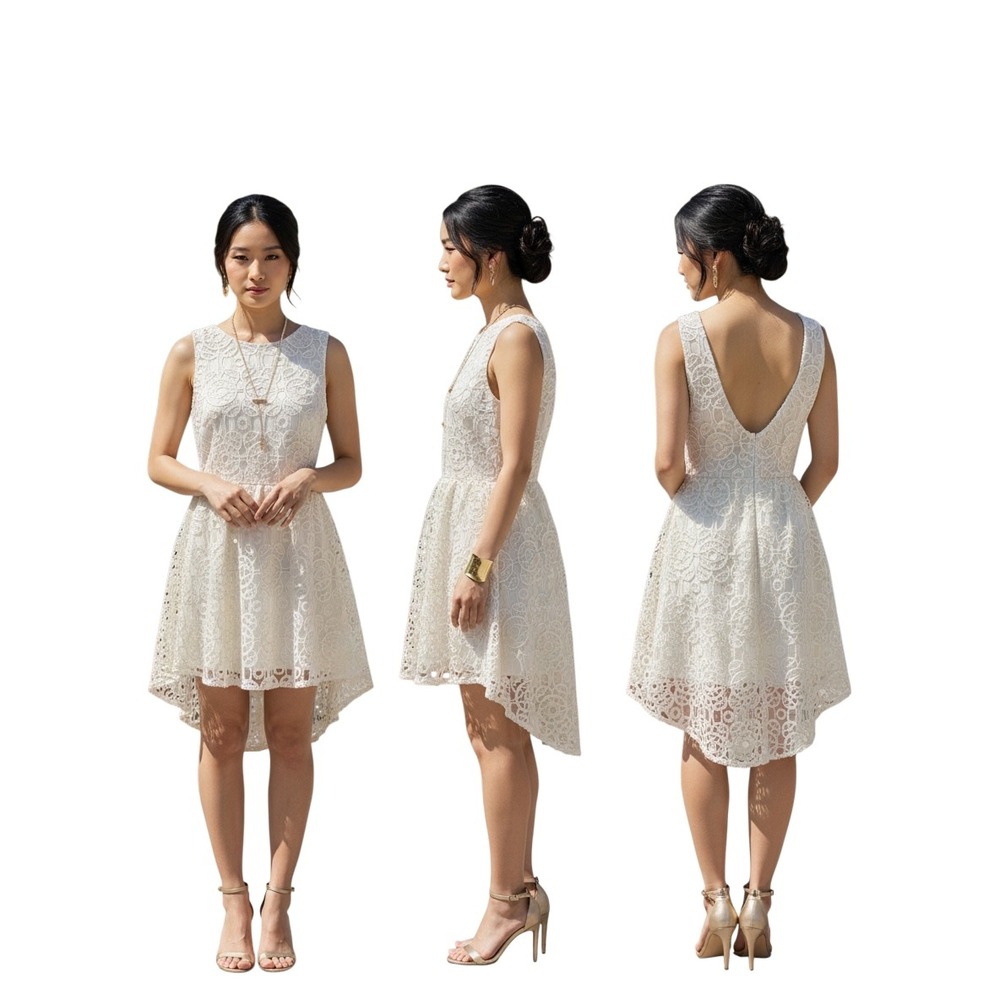 Ark & Co Ivory Gold Metallic Lace High Low Pearl Waist Dress V-Back M Bach Party